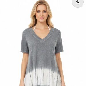 Raya Sun Gray & White Tie Dye Short Sleeve V Neck Mini Dress L